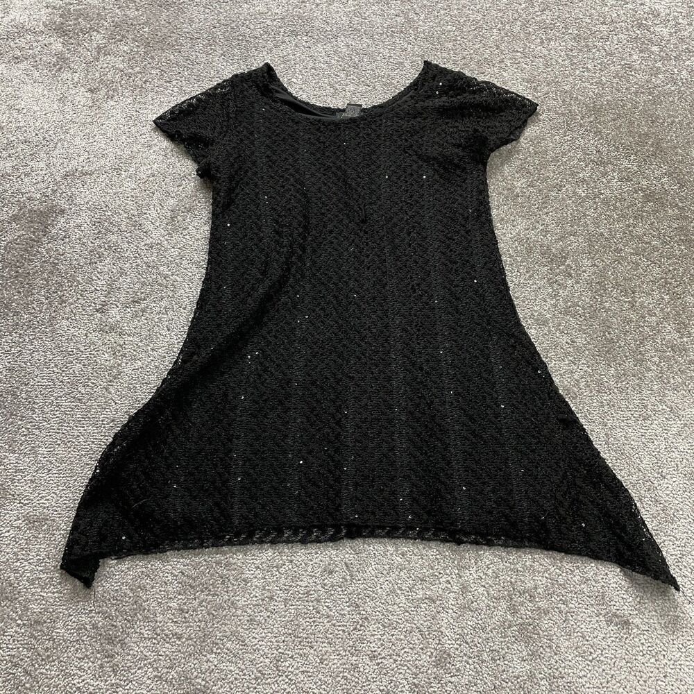 Shannon Ford New York Tunic Top Womens Large Solid Black Lace Sequence Blouse